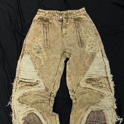 BladeWasteland streetwear pants front view with distressed ripped panels zipper pockets and desert yellow washed denim