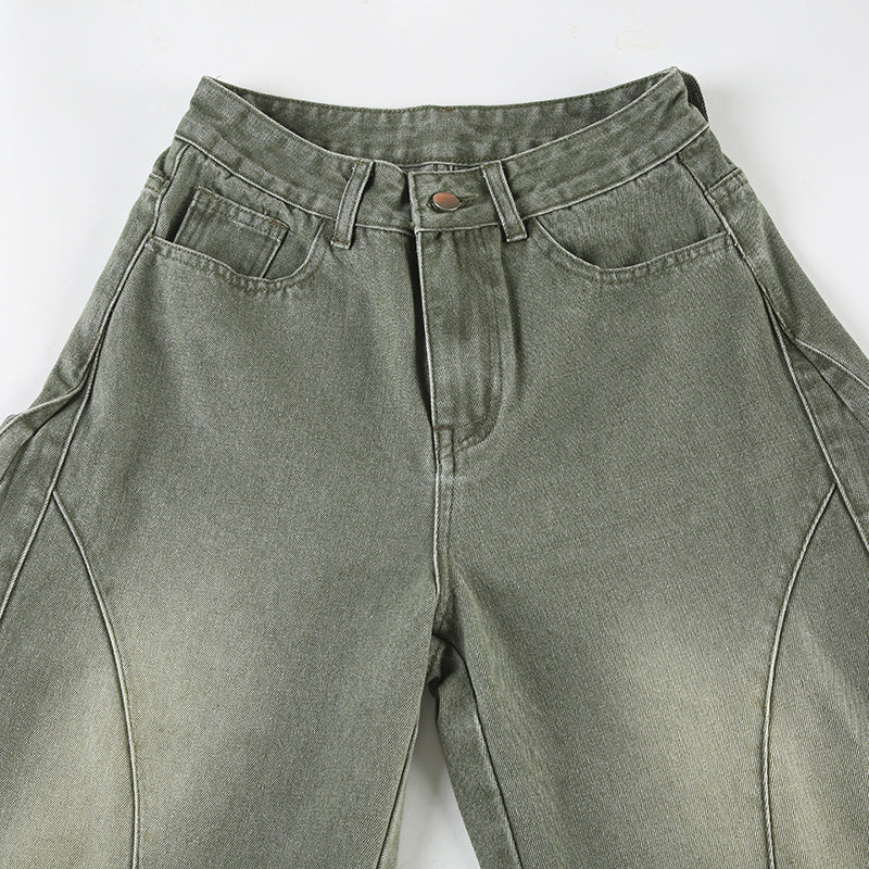 Street Style Green Flare Jeans – Water-Washed & Utility-Inspired