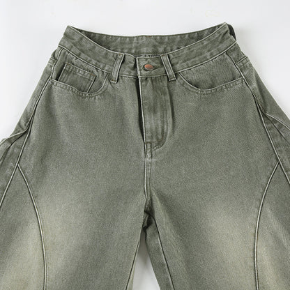 Street Style Green Flare Jeans – Water-Washed & Utility-Inspired