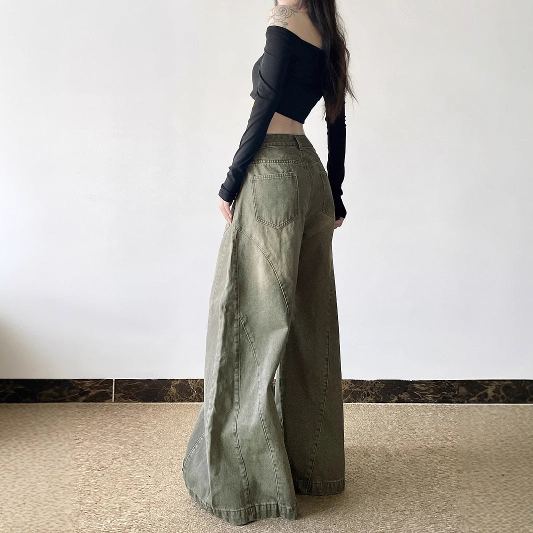 Street Style Green Flare Jeans – Water-Washed & Utility-Inspired