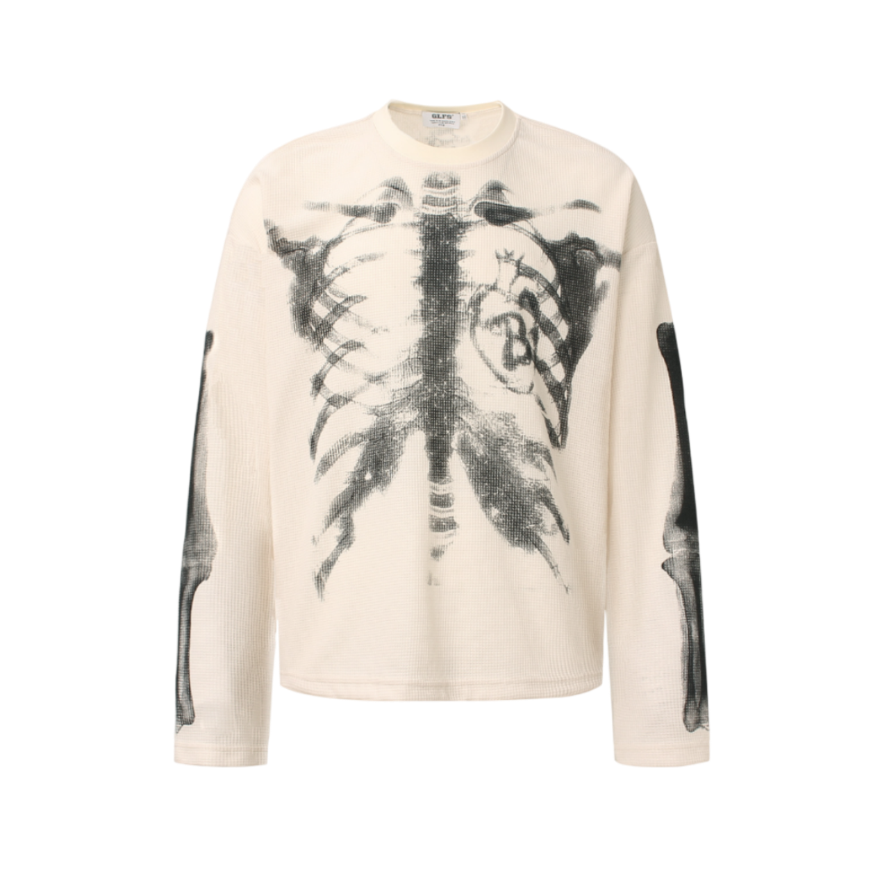 Apricot GravePrint skeleton graphic long sleeve tee with rib cage artwork and oversized streetwear fit