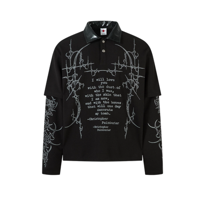 Cathedralink black gothic graphic long sleeve shirt with leather collar and Christopher Poindexter quote design