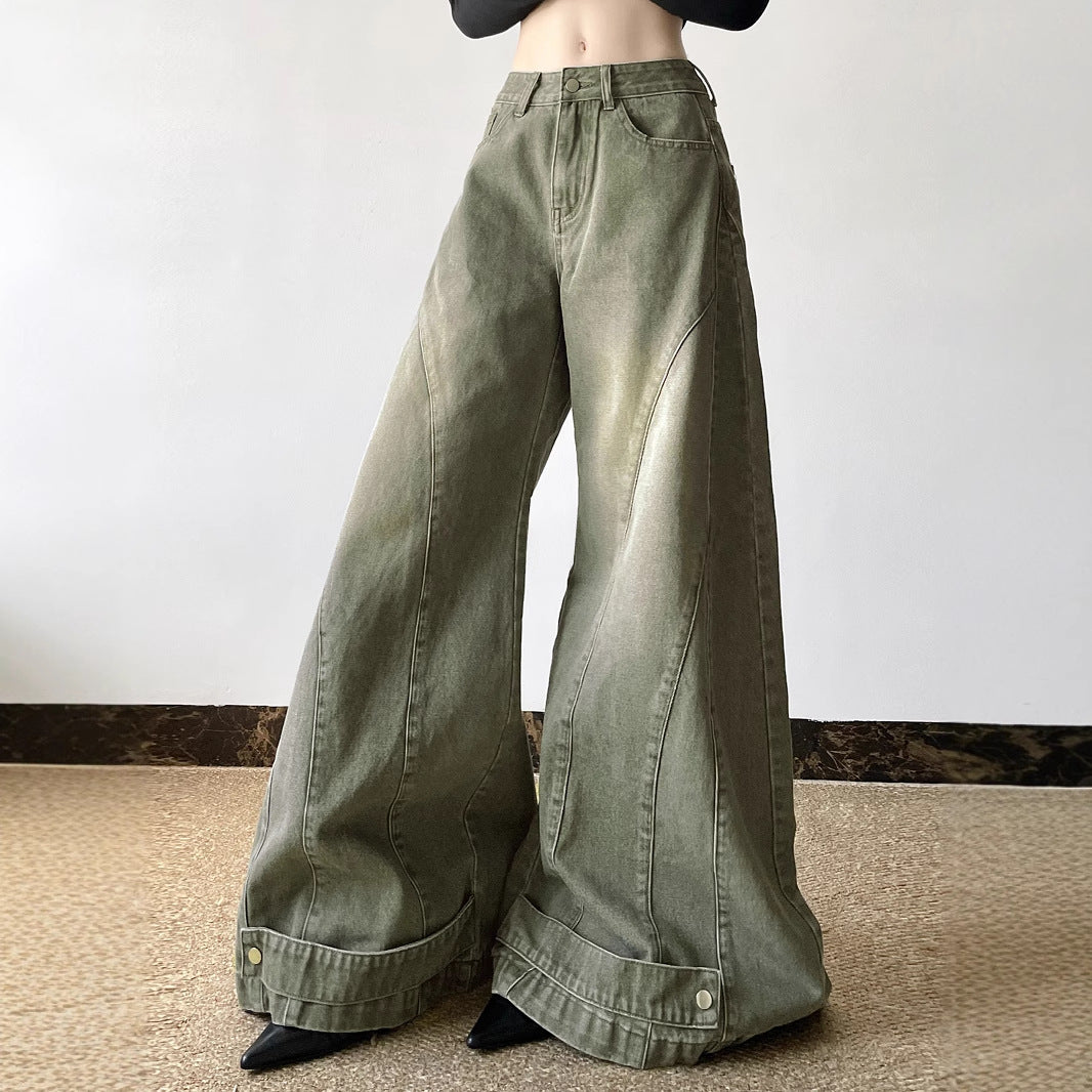 Street Style Green Flare Jeans – Water-Washed & Utility-Inspired