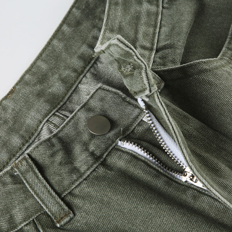 Street Style Green Flare Jeans – Water-Washed & Utility-Inspired