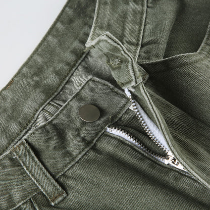 Street Style Green Flare Jeans – Water-Washed & Utility-Inspired