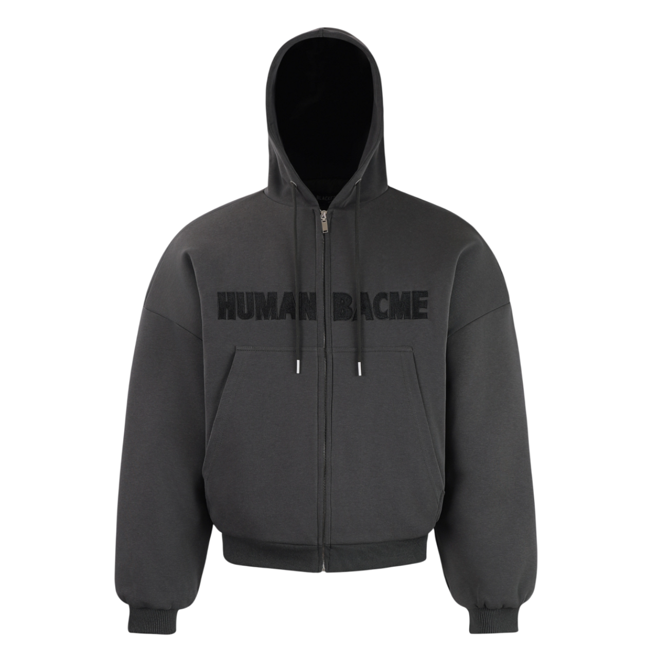 ARC BoxRogue dark gray zip hoodie front view with HUMAN BACME chest graphic oversized streetwear hoodie