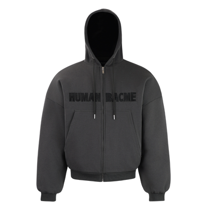 ARC BoxRogue dark gray zip hoodie front view with HUMAN BACME chest graphic oversized streetwear hoodie