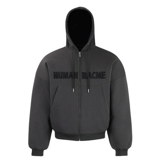 ARC BoxRogue dark gray zip hoodie front view with HUMAN BACME chest graphic oversized streetwear hoodie