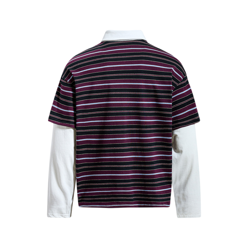 Purple striped retro streetwear polo shirt back view with layered sleeves