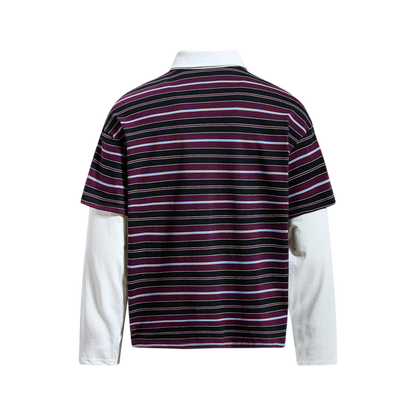 Purple striped retro streetwear polo shirt back view with layered sleeves