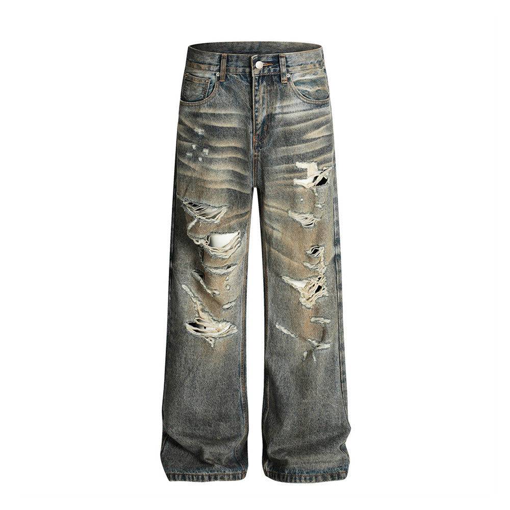 Post-Apocalyptic Style Heavy-Work Distressed Dirty Denim Long Pants Trendy Men's Punk Beggars Trousers Vintage Wash Loose Straight Leg