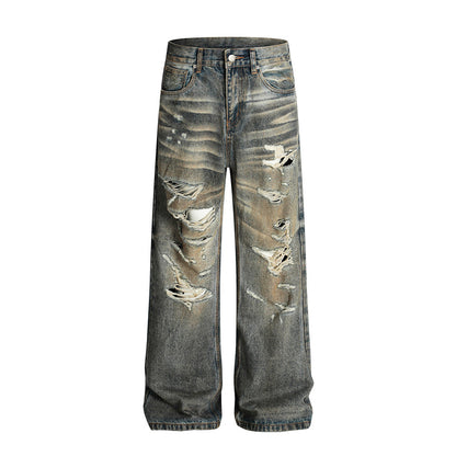 Post-Apocalyptic Style Heavy-Work Distressed Dirty Denim Long Pants Trendy Men's Punk Beggars Trousers Vintage Wash Loose Straight Leg