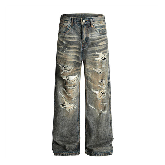 Post-Apocalyptic Style Heavy-Work Distressed Dirty Denim Long Pants Trendy Men's Punk Beggars Trousers Vintage Wash Loose Straight Leg