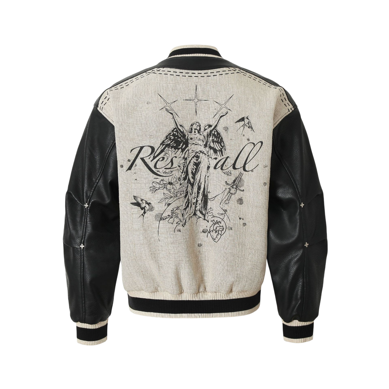 MarkedLeather streetwear jacket back view featuring angel artwork graphic on beige and black leather design