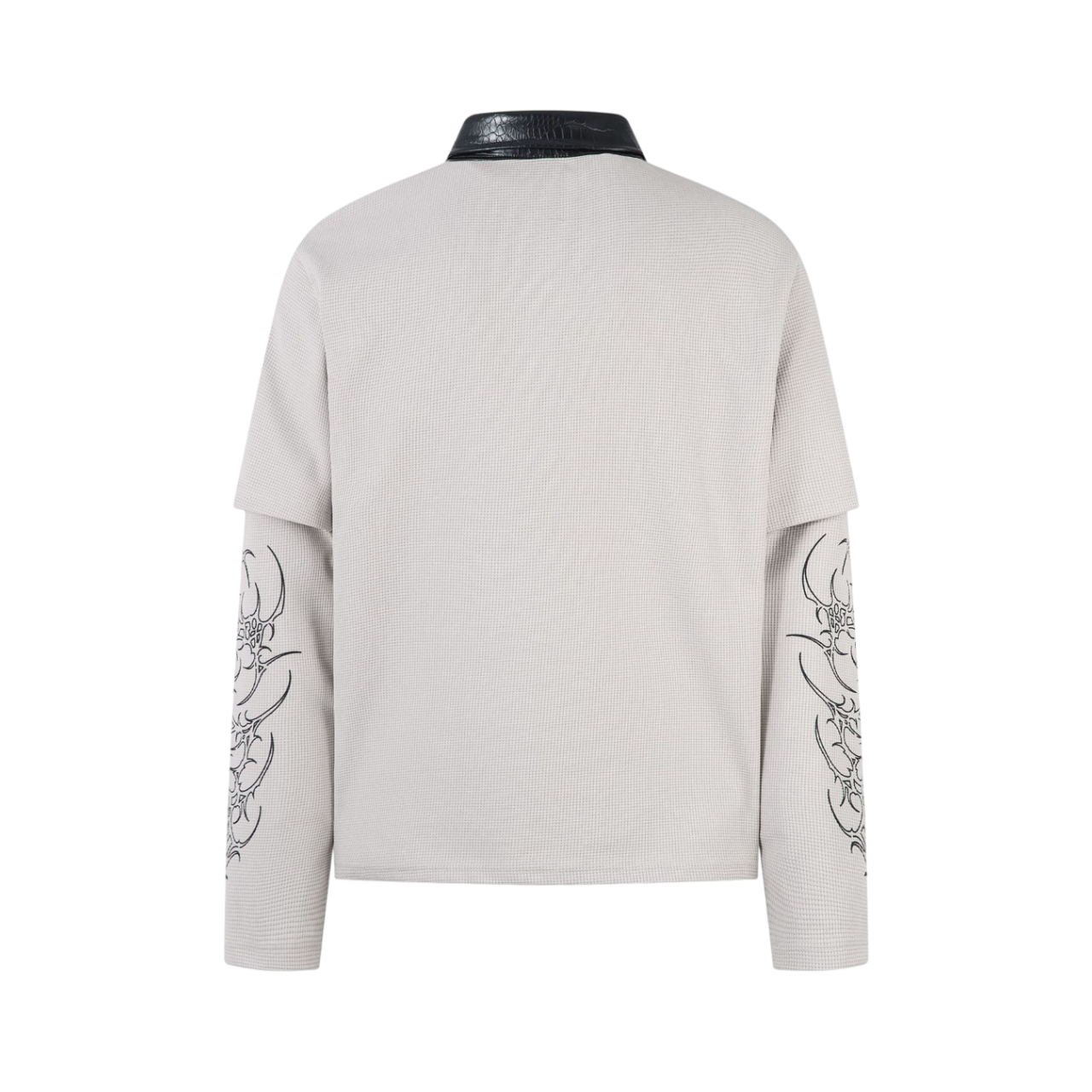 Cathedralink white long sleeve streetwear shirt back view with layered sleeve design and textured fabric