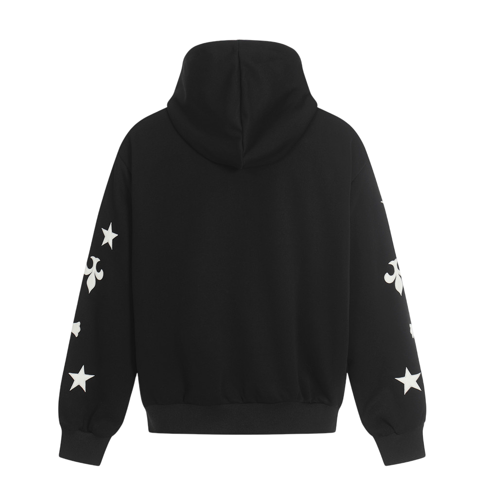 ARC FrostCross black zip hoodie back view with white star graphics on sleeves streetwear hoodie
