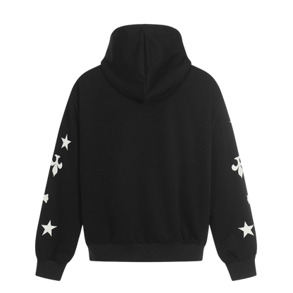 ARC FrostCross black zip hoodie back view with white star graphics on sleeves streetwear hoodie