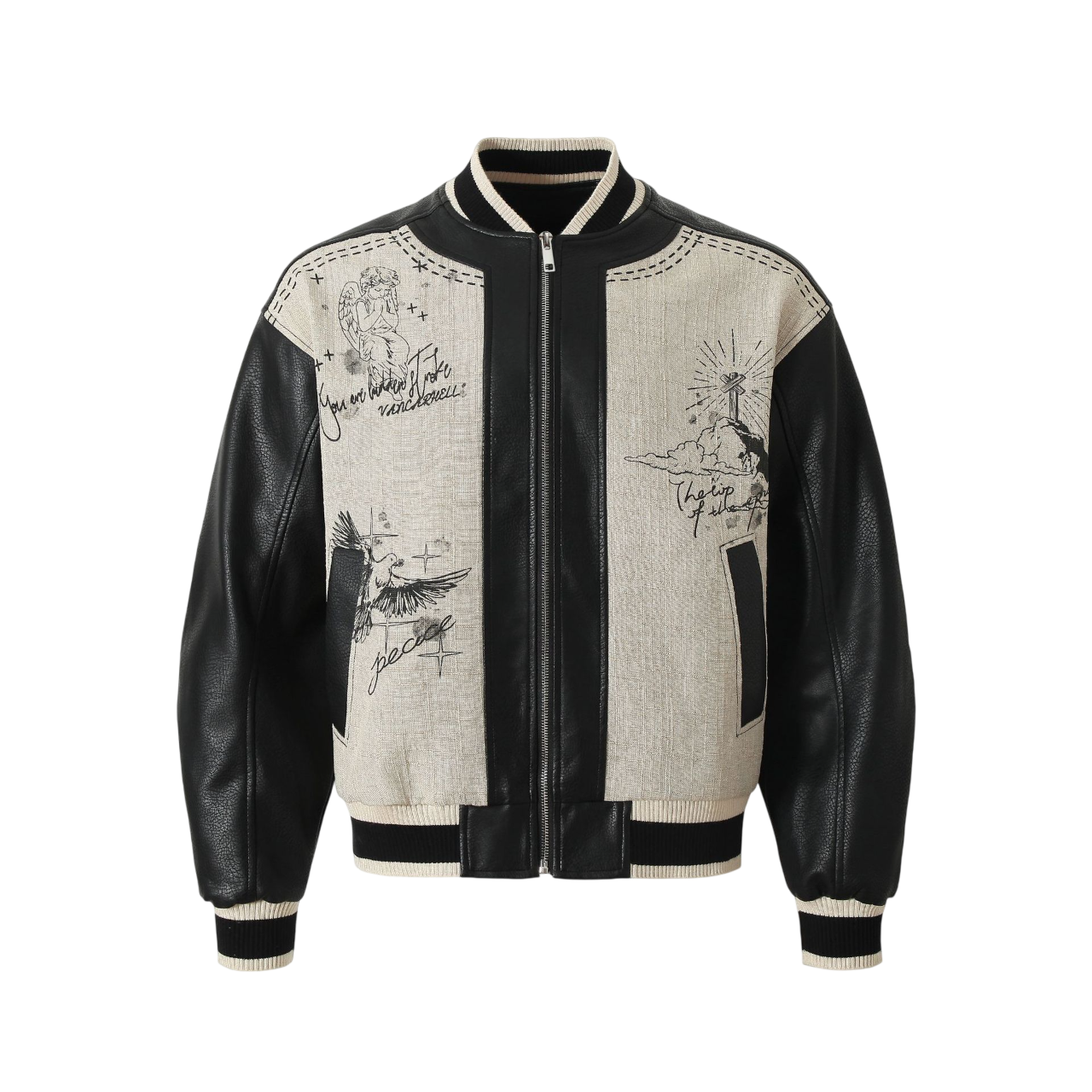 MarkedLeather streetwear bomber jacket front view with black leather sleeves and angel graphic print design