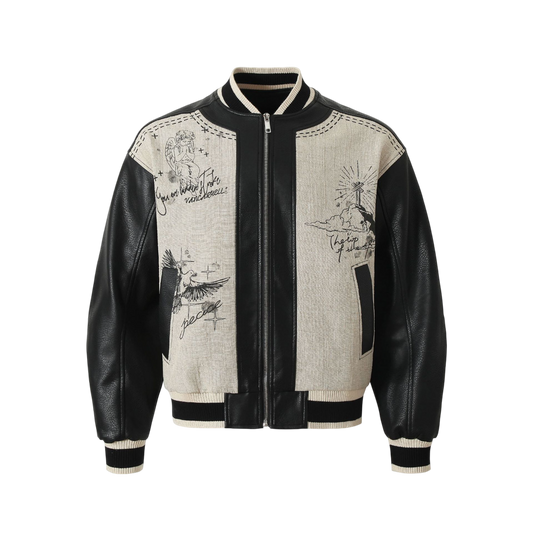 MarkedLeather streetwear bomber jacket front view with black leather sleeves and angel graphic print design