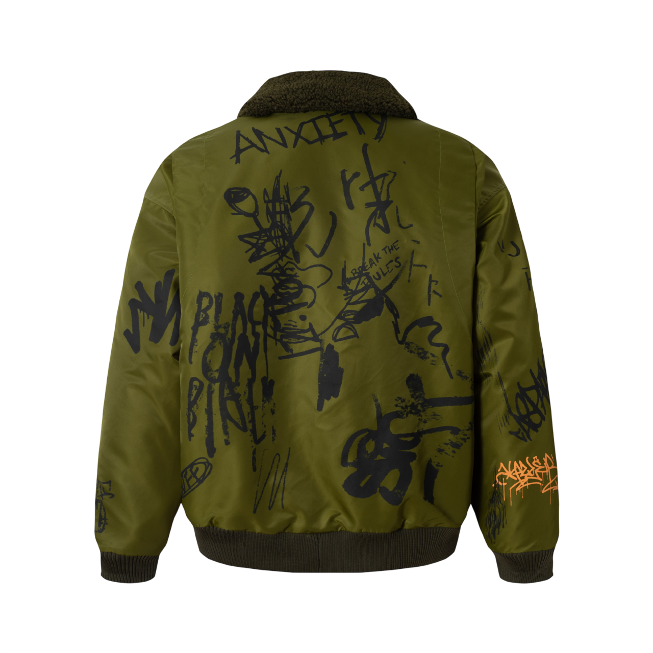 Combat olive graffiti print streetwear winter jacket back view with bold WarScript graphic design and ribbed hem