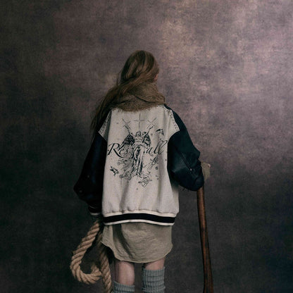 Model wearing MarkedLeather graphic bomber jacket back view with angel artwork streetwear aesthetic