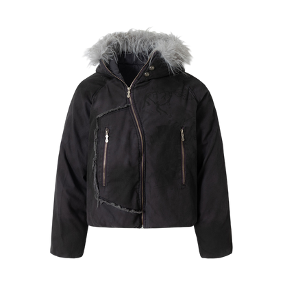 ARC CalmLayer hooded winter streetwear jacket front view with fur hood and zip closure