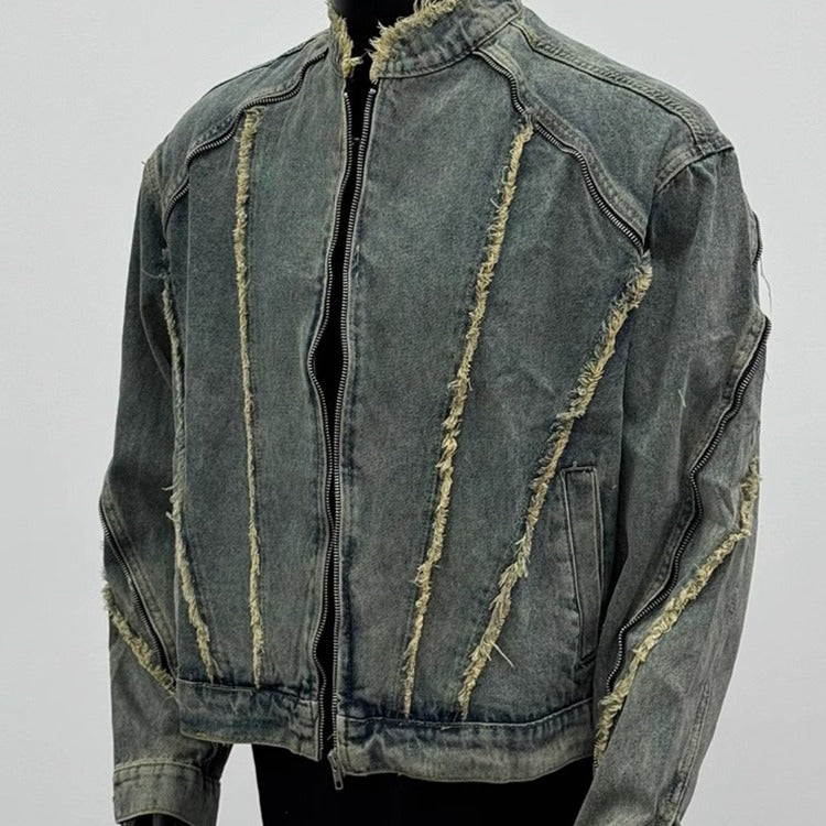 Retro Deconstruction Fringed Washed Denim Jacket – Vintage Edge, Modern Street Vibe