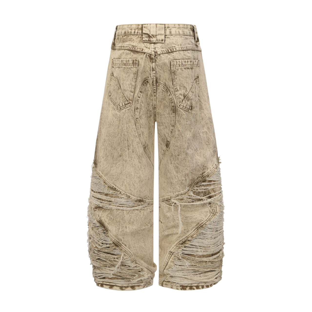 BladeWasteland distressed streetwear pants back view in desert yellow washed denim with ripped panel design