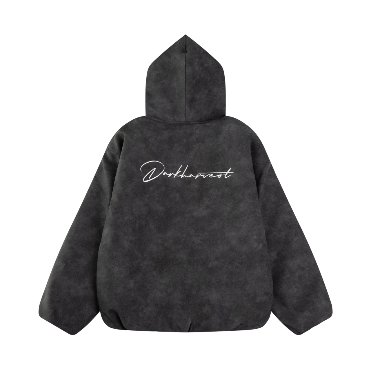 ARC NightDye black vintage washed streetwear jacket back view with Darkharvest script graphic