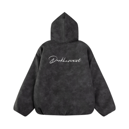 ARC NightDye black vintage washed streetwear jacket back view with Darkharvest script graphic