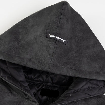 Close up detail of ARC NightDye jacket hood showing Dark Harvest label and quilted inner lining