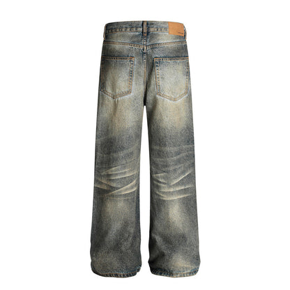 Post-Apocalyptic Style Heavy-Work Distressed Dirty Denim Long Pants Trendy Men's Punk Beggars Trousers Vintage Wash Loose Straight Leg