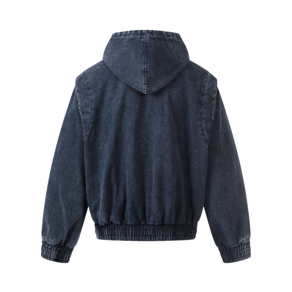 ARC DuneLock navy blue hooded streetwear jacket back view with elastic waist and relaxed structure