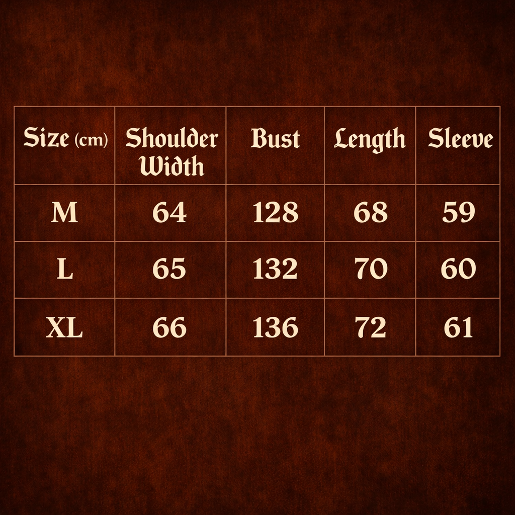 VoidVision long sleeve streetwear shirt size chart showing shoulder width, bust, length and sleeve measurements for M L and XL