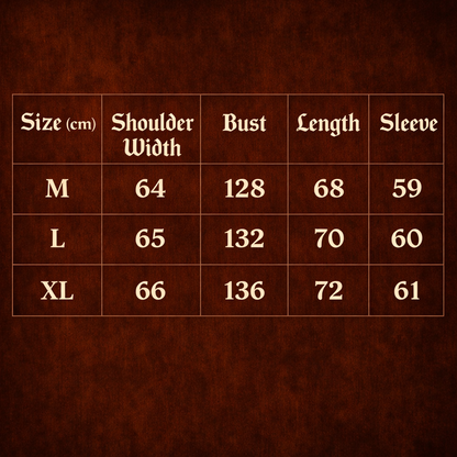 VoidVision long sleeve streetwear shirt size chart showing shoulder width, bust, length and sleeve measurements for M L and XL