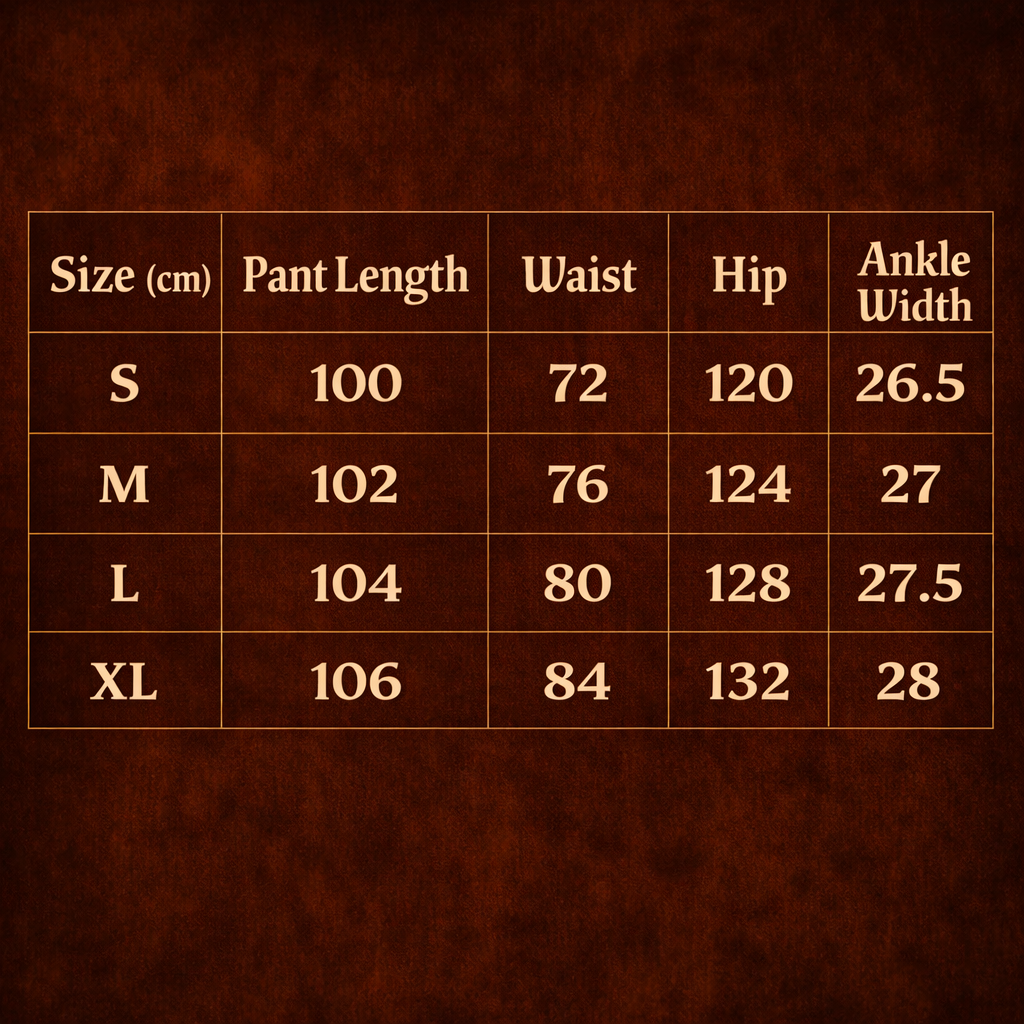 ARC MistEdge wide leg streetwear pants size chart showing waist hip ankle width and pant length measurements