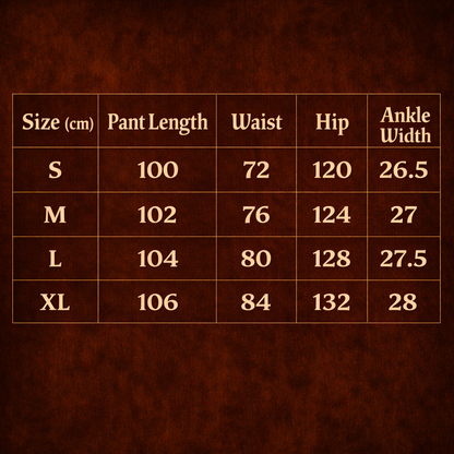 ARC MistEdge wide leg streetwear pants size chart showing waist hip ankle width and pant length measurements