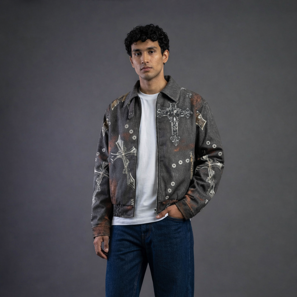 Model wearing ARC BoxDrift graphic streetwear jacket with cross pattern design and loose fit