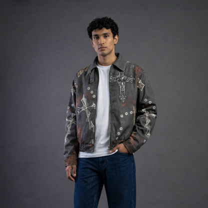 Model wearing ARC BoxDrift graphic streetwear jacket with cross pattern design and loose fit