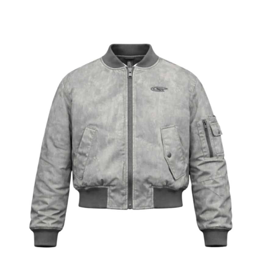 RuinForm gray retro streetwear flight jacket front view with zip closure and stand collar