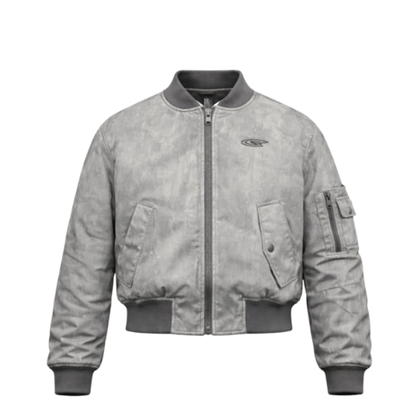 RuinForm gray retro streetwear flight jacket front view with zip closure and stand collar
