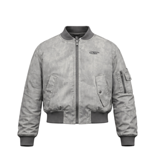 RuinForm gray retro streetwear flight jacket front view with zip closure and stand collar