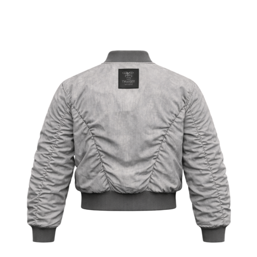 RuinForm gray retro flight jacket back view with pleated construction and relaxed fit