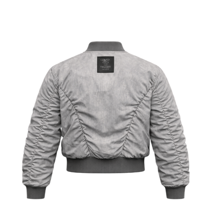 RuinForm gray retro flight jacket back view with pleated construction and relaxed fit