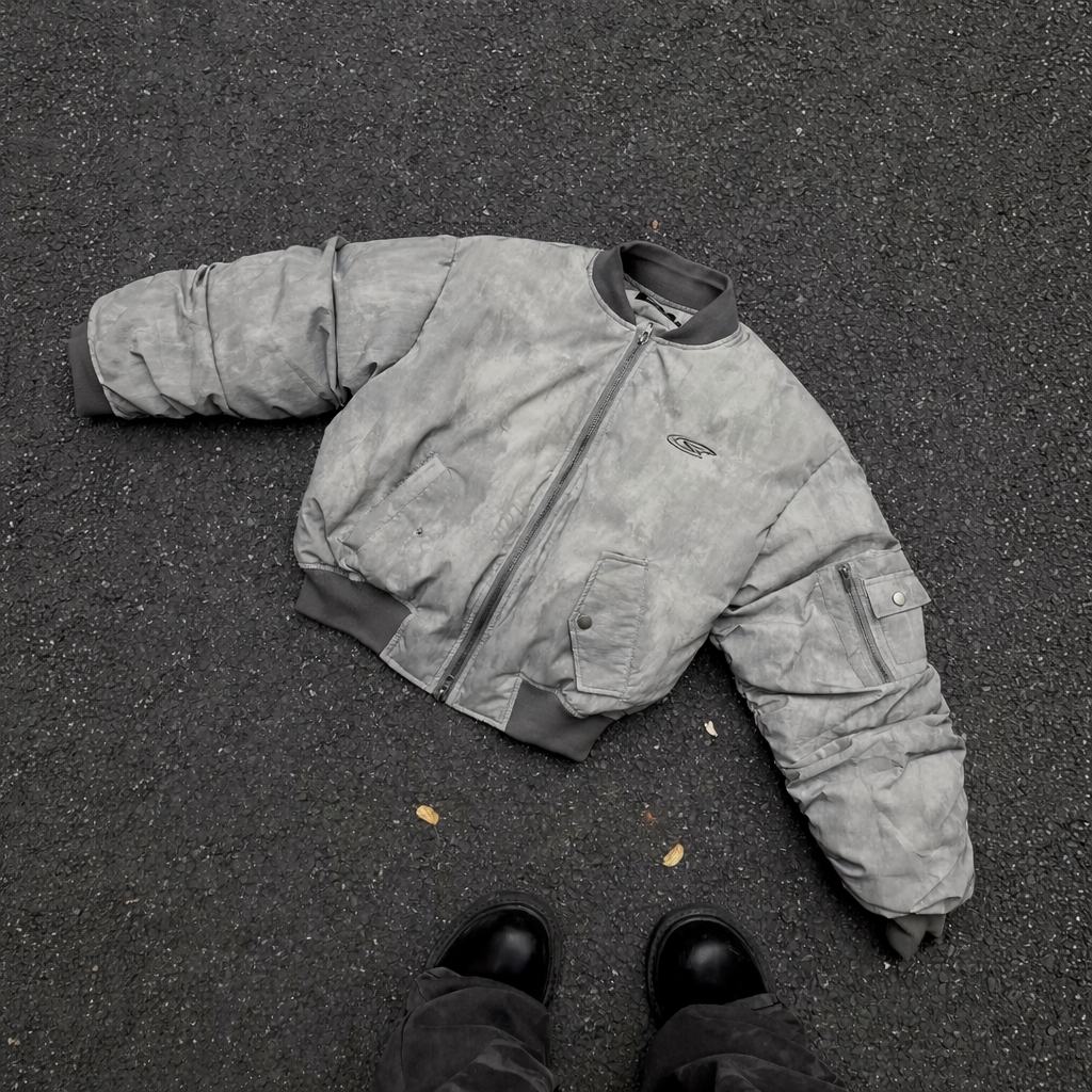 RuinForm gray streetwear flight jacket top view with zipper closure and utility pocket
