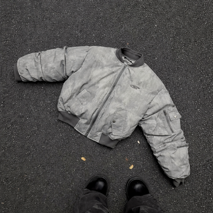 RuinForm gray streetwear flight jacket top view with zipper closure and utility pocket