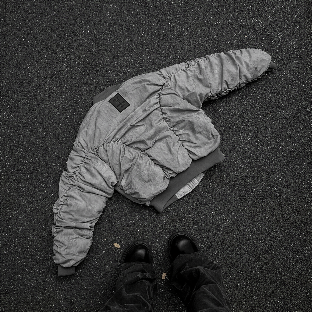 RuinForm gray retro flight jacket laid on asphalt showing ruched sleeve construction