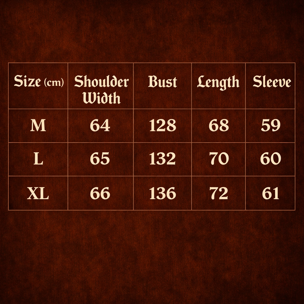 GravePrint streetwear long sleeve tee size chart showing shoulder width, bust, length and sleeve measurements for M L and XL