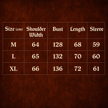 GravePrint streetwear long sleeve tee size chart showing shoulder width, bust, length and sleeve measurements for M L and XL