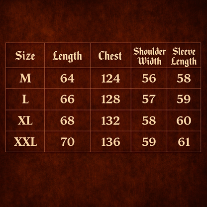 MarkedLeather streetwear bomber jacket size chart showing length chest shoulder width and sleeve length for M L XL XXL